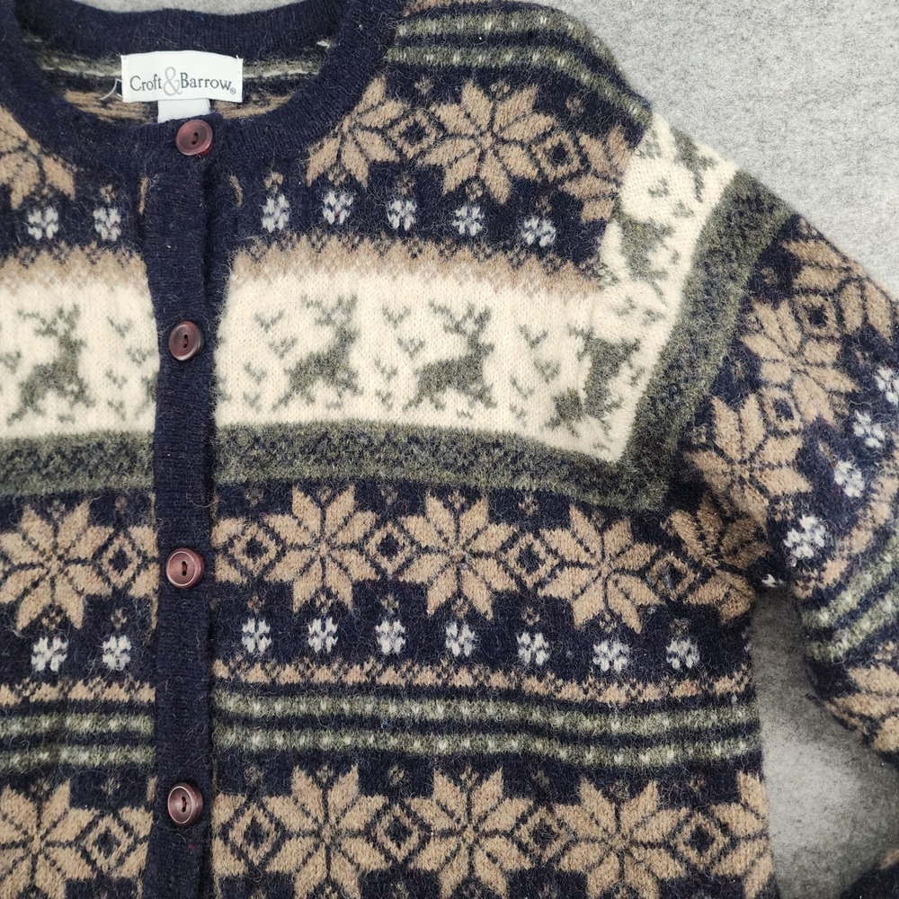 Croft & Barrow Blue Wool Fair Isle Reindeer Snowflake Cardigan Sweater Womens L - Picture 2 of 7